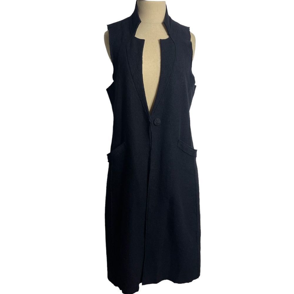 Eileen Fisher Petite Black 100% Merino Wool Long Vest Cardigan PS SP